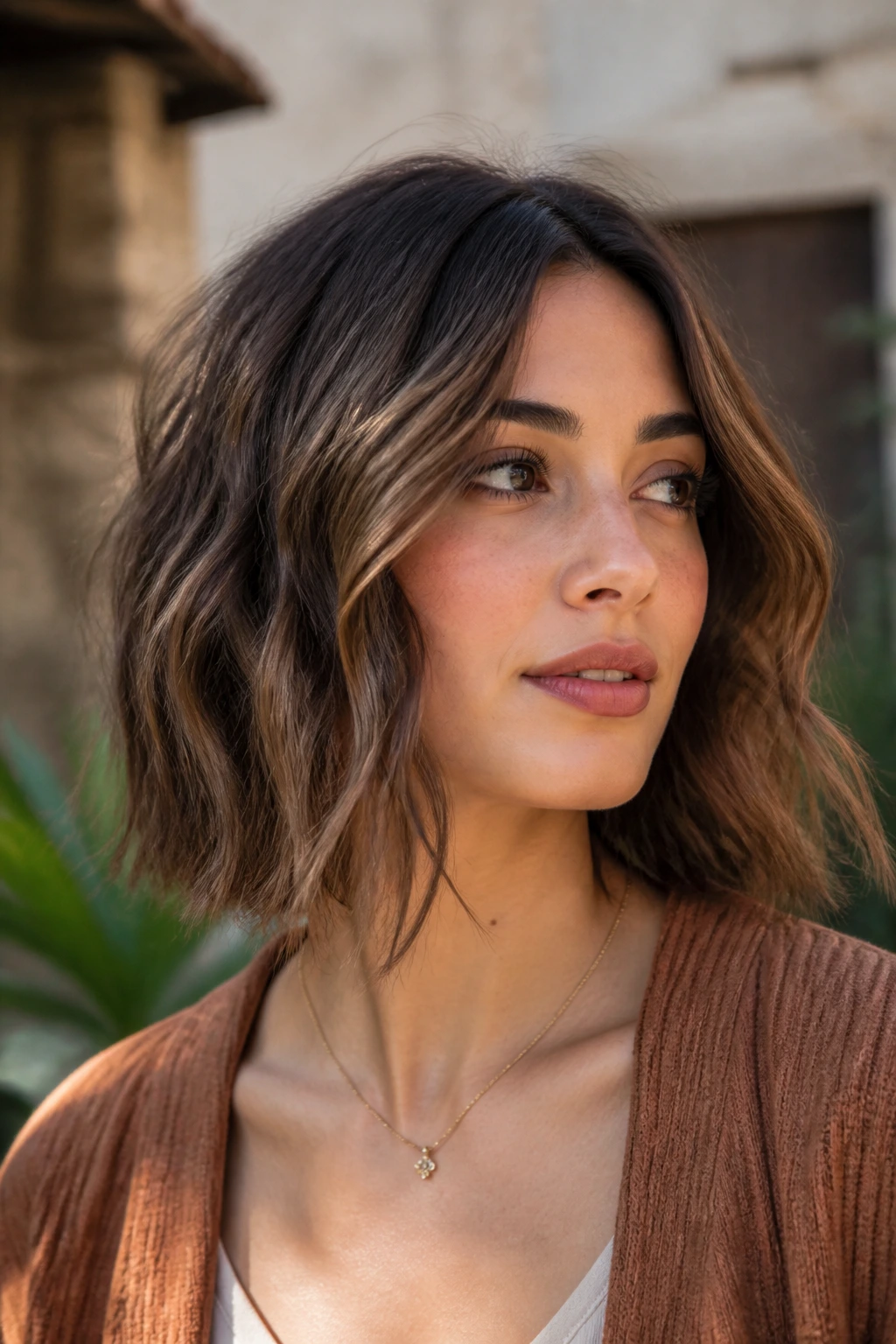 Close-up of a real woman with collarbone-length wavy bob in outdoor sunlight
