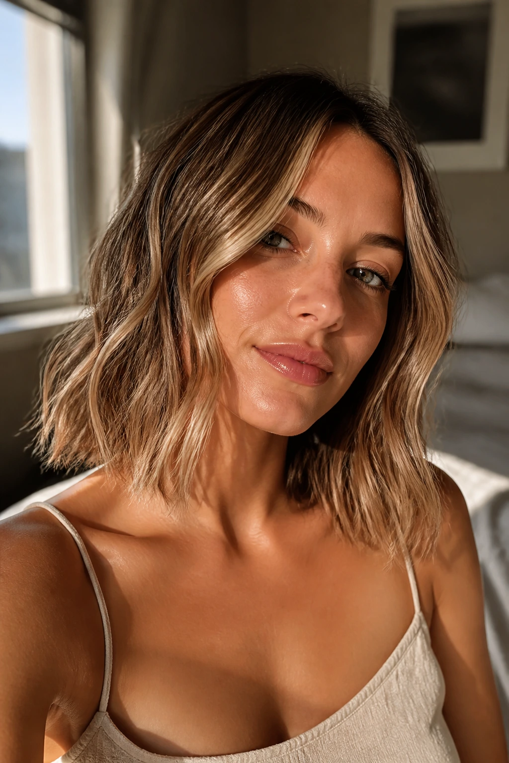 Close-up of a real woman with collarbone-length lob and airy ends