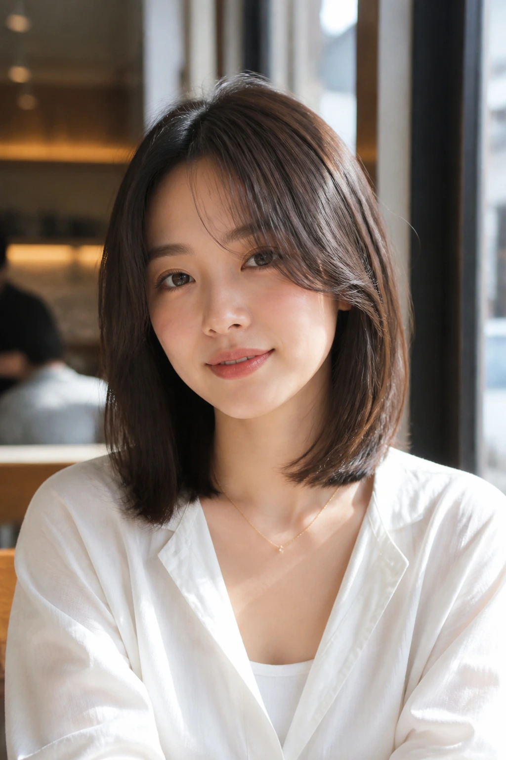 Portrait of a real woman with a collarbone-length lob and long curtain bangs by a cafe window