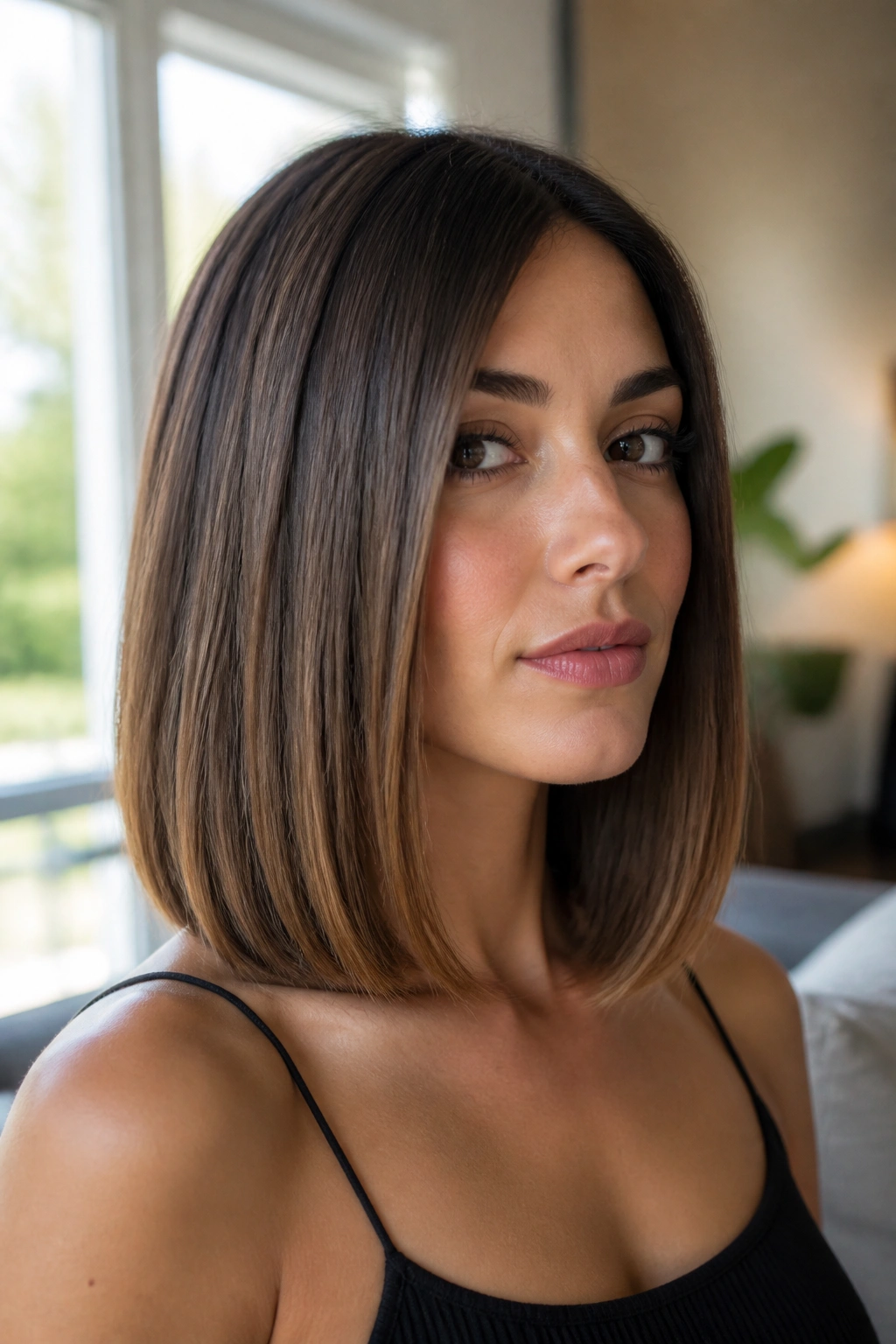 Close-up of a real woman's collarbone-length lob with clean ends in warm window light