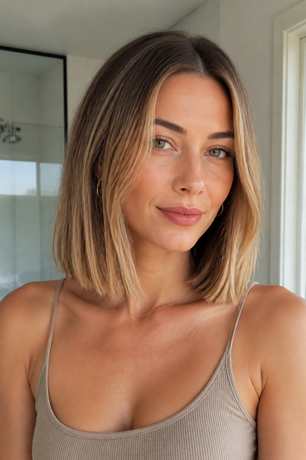 Close-up of a real woman with a collarbone-length lob in a sunlit bright room