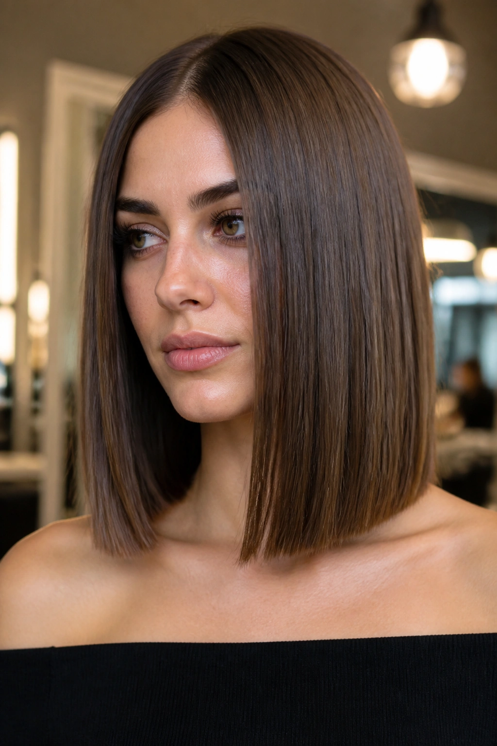 Close-up portrait of a real woman with a collarbone-length blunt square lob in warm salon light