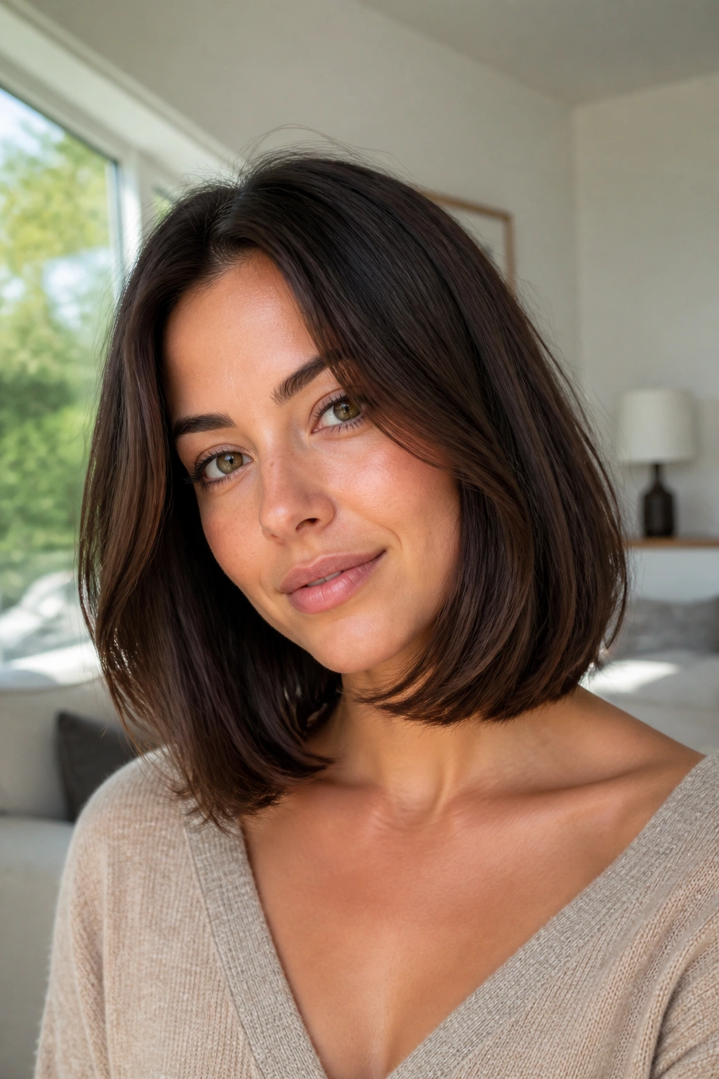 Close-up of collarbone-length brunette lob with smooth bend