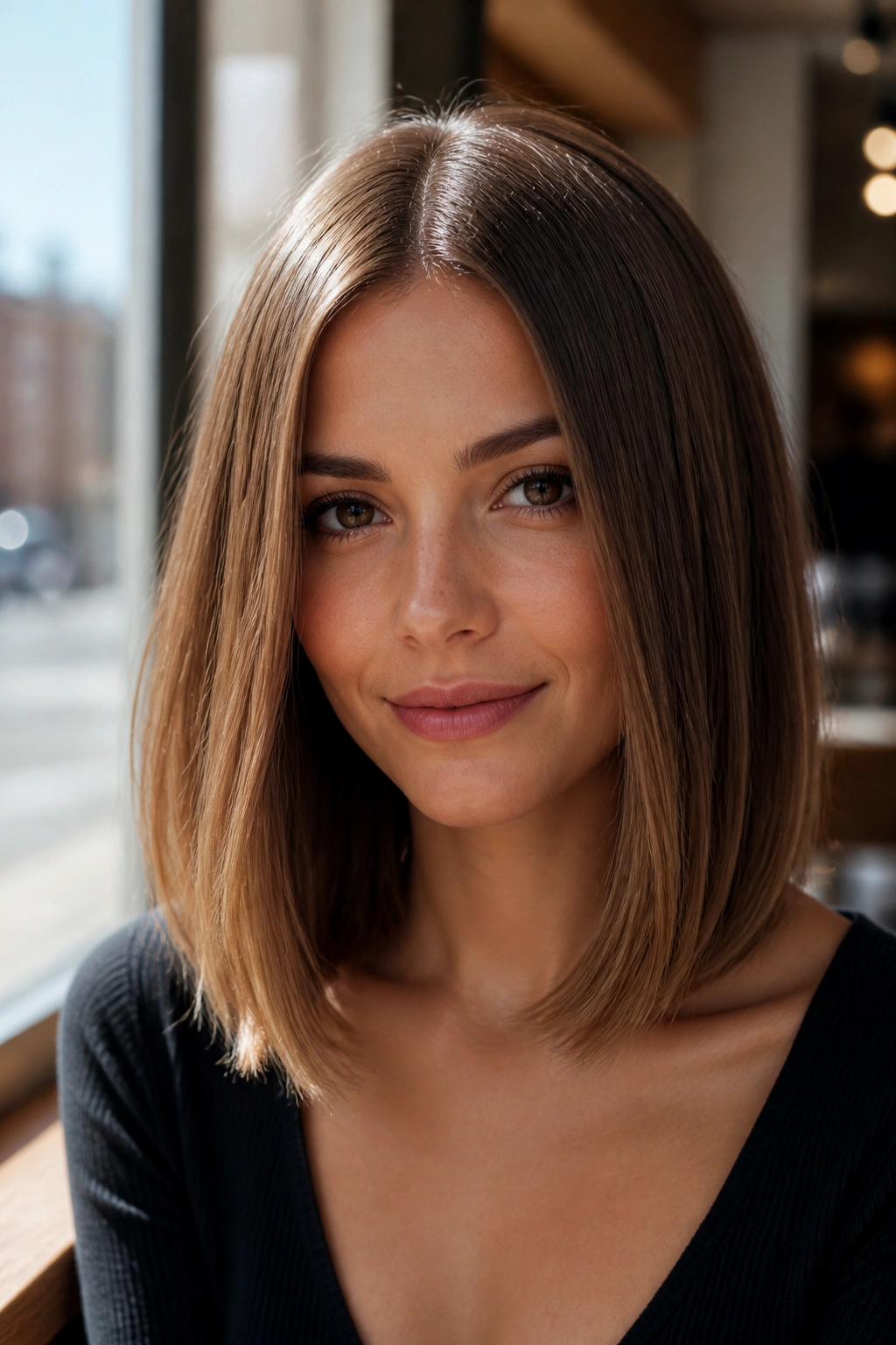 Portrait of a real woman with a center-part collarbone-length lob.