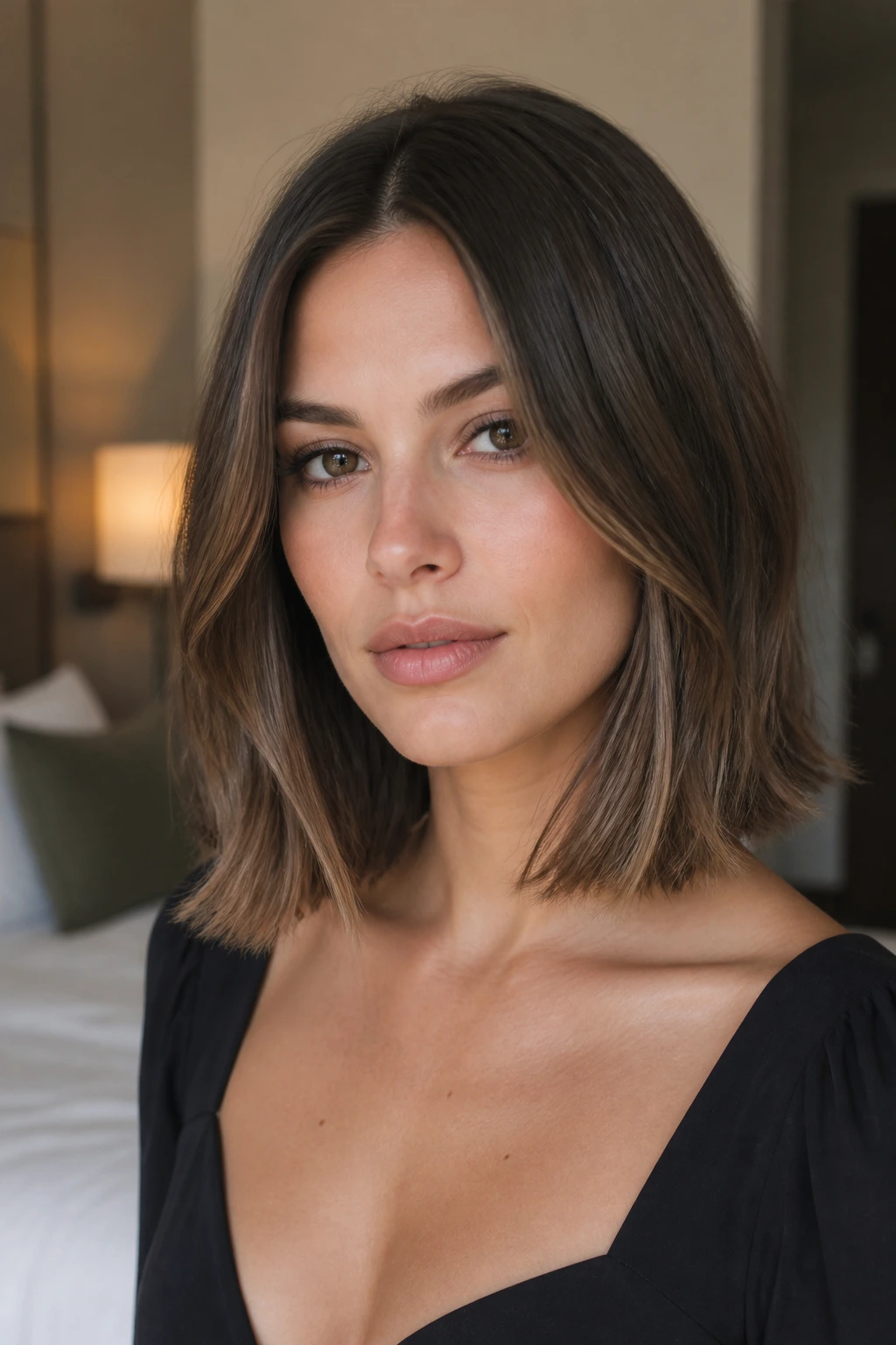 Close-up portrait of a real woman with a collarbone-length lob and center part