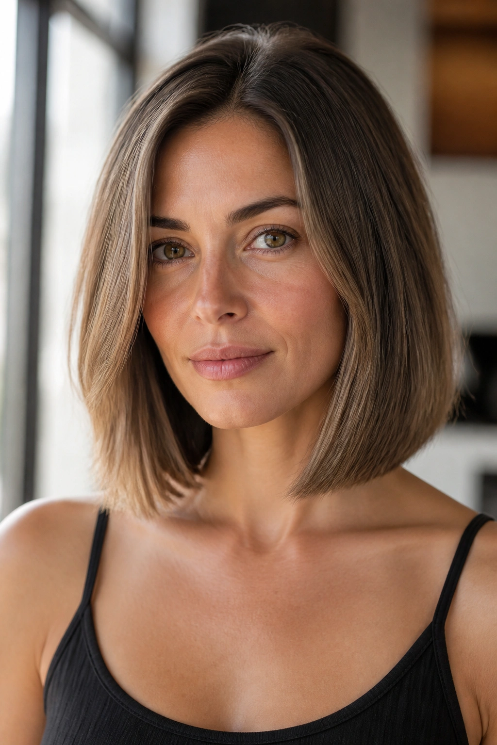 Real woman with collarbone-length lob and a sharp, clean edge