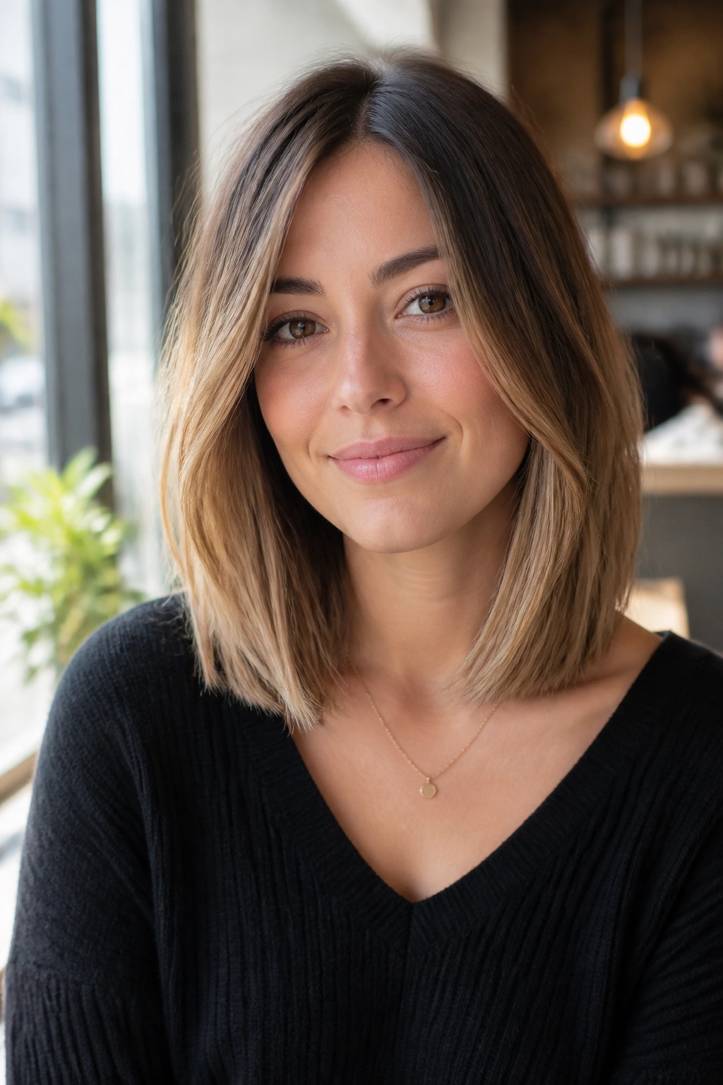 Portrait of a real woman with collarbone lob and clean ends in daylight.