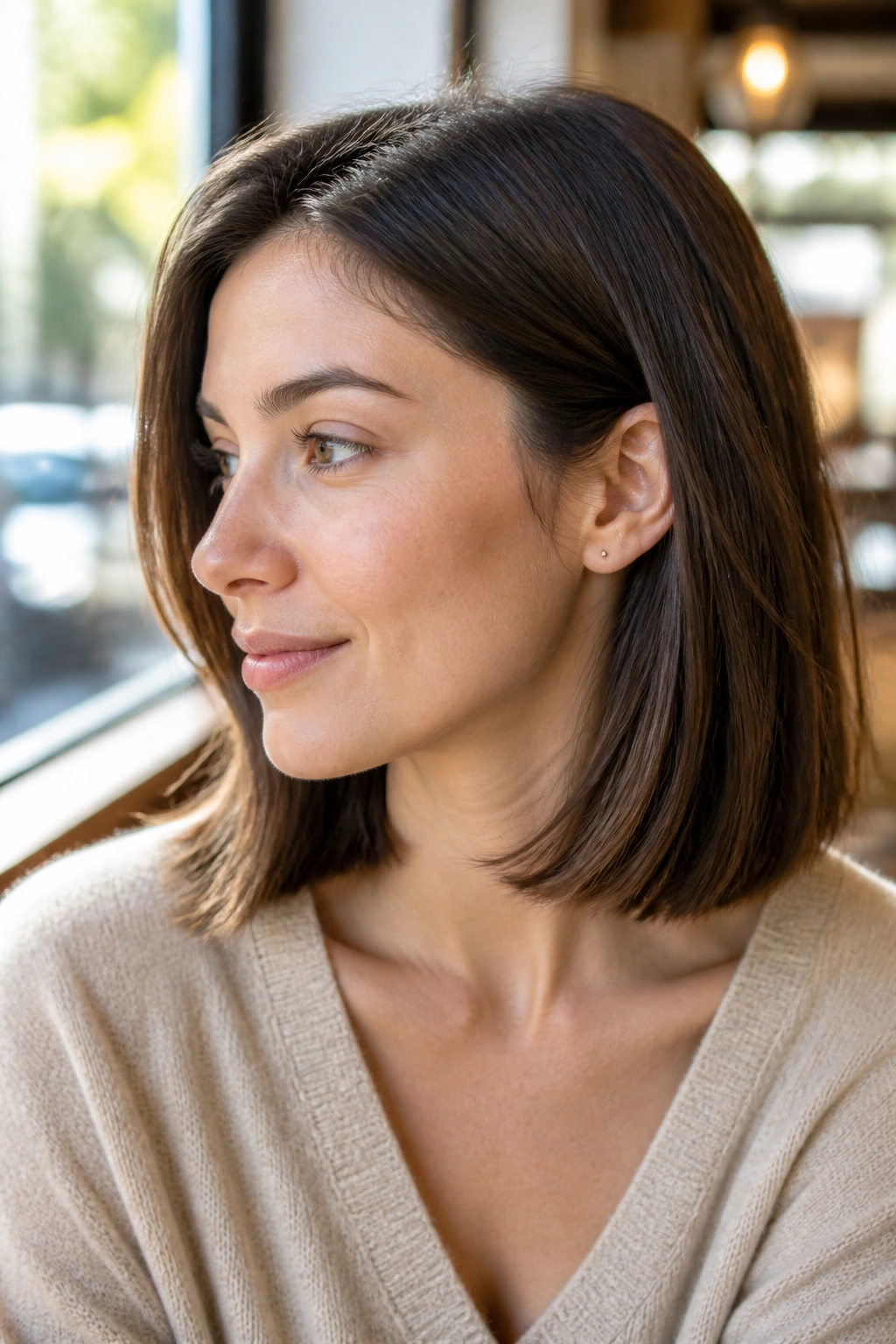 Close-up portrait of a real woman with a collarbone-length lob