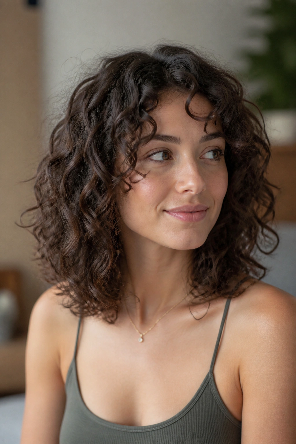 Portrait of a real woman with a collarbone-length curly lob and soft internal layers.