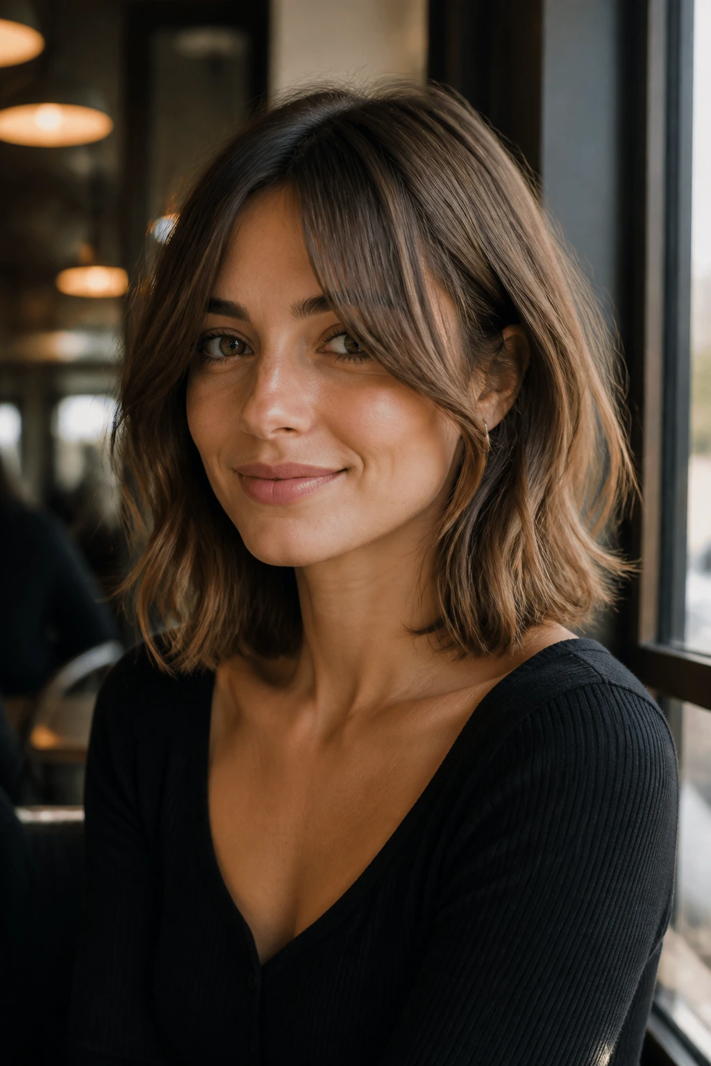 Medium close-up of collarbone-length lob with long curtain bangs on a real woman in a cafe window setting