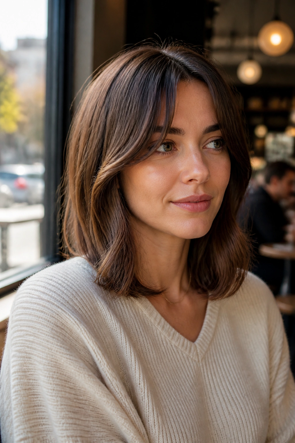 Medium close-up of a real woman with collarbone-length lob and curtain bangs in cafe window light