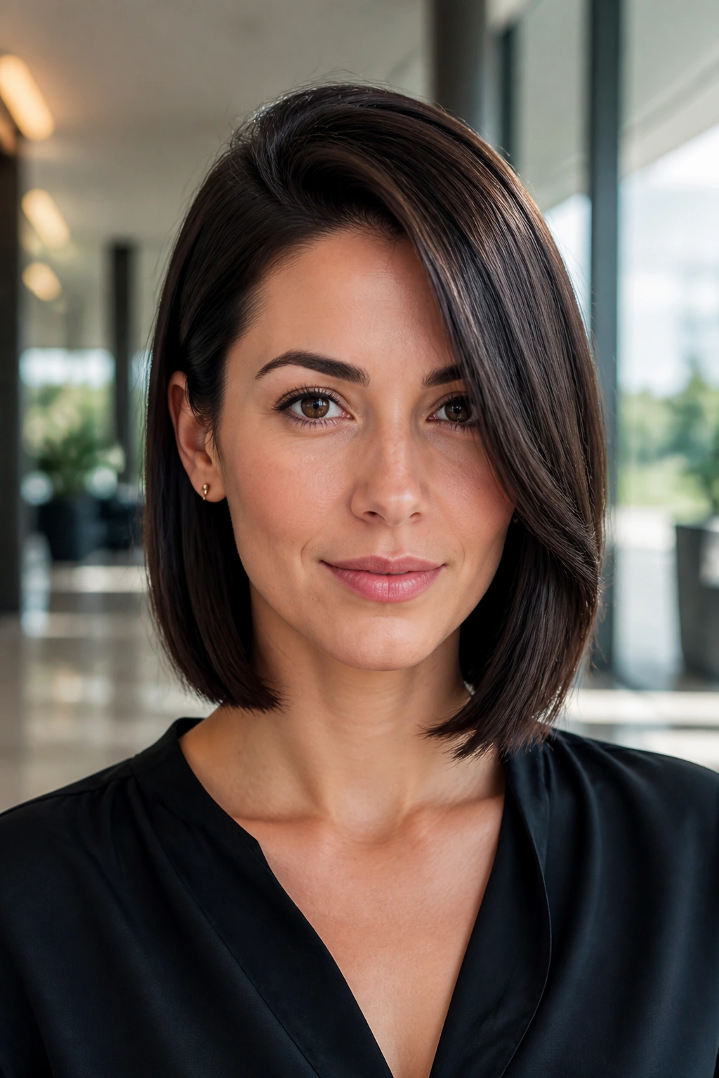 Real woman with collarbone-length lob and deep side part in a stylish setting