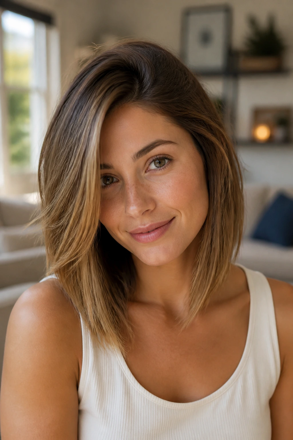 Close-up of a real woman with a collarbone-length lob and deep side part in natural window light.
