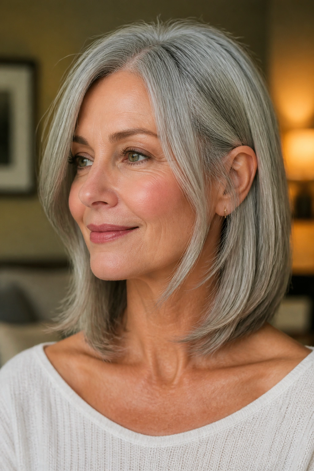 Close-up of a woman with a collarbone-length lob and face-framing pieces.