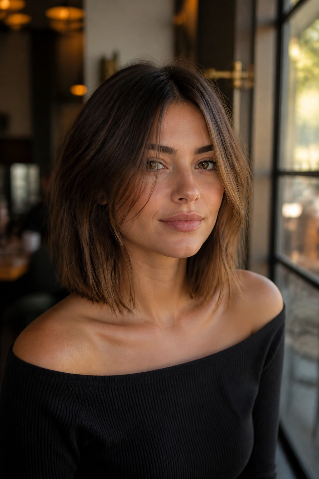 Medium close-up of collarbone-length lob with face-framing pieces on a real woman