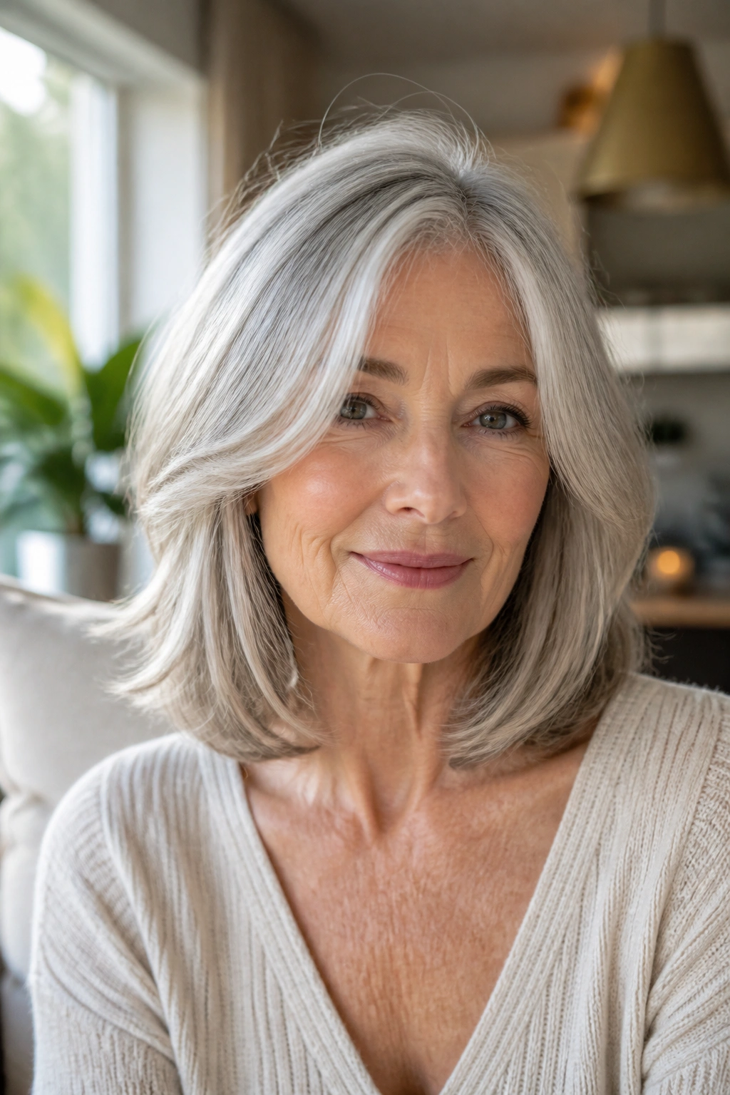 Portrait of a woman with collarbone-length lob and face-framing pieces