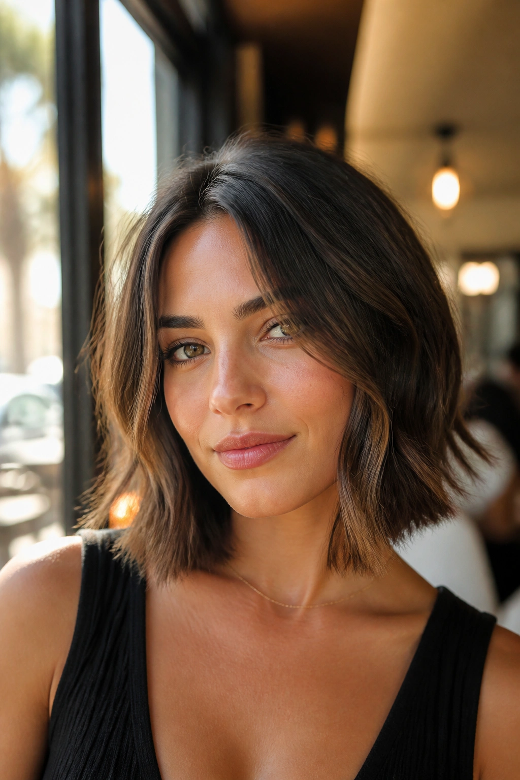 Real woman with collarbone-length lob and face-framing pieces at a sunlit cafe