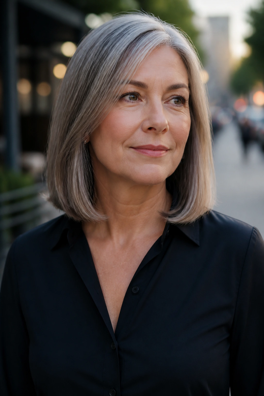 Close-up portrait of a woman with a collarbone lob and inward-flipped ends in soft afternoon light