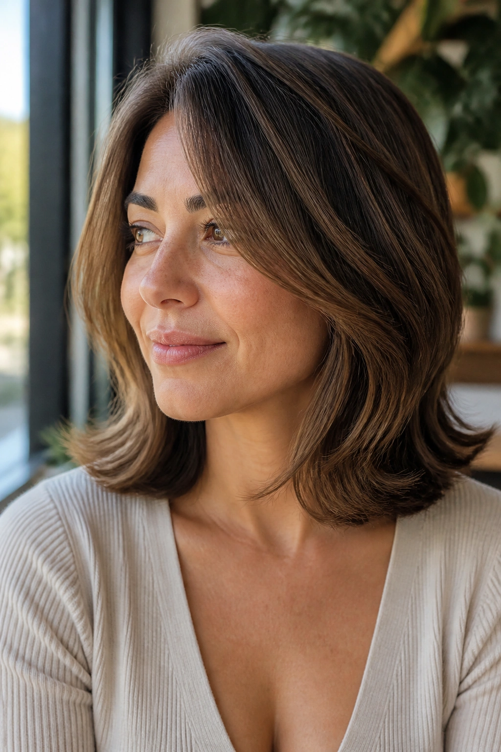 Close-up portrait of a real person showing a collarbone-length lob with flipped-out ends and a soft side part
