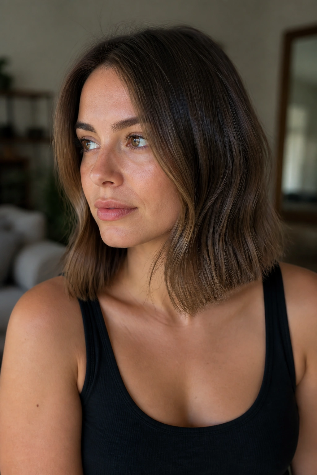 Close-up portrait of a real person with collarbone-length lob and soft bend