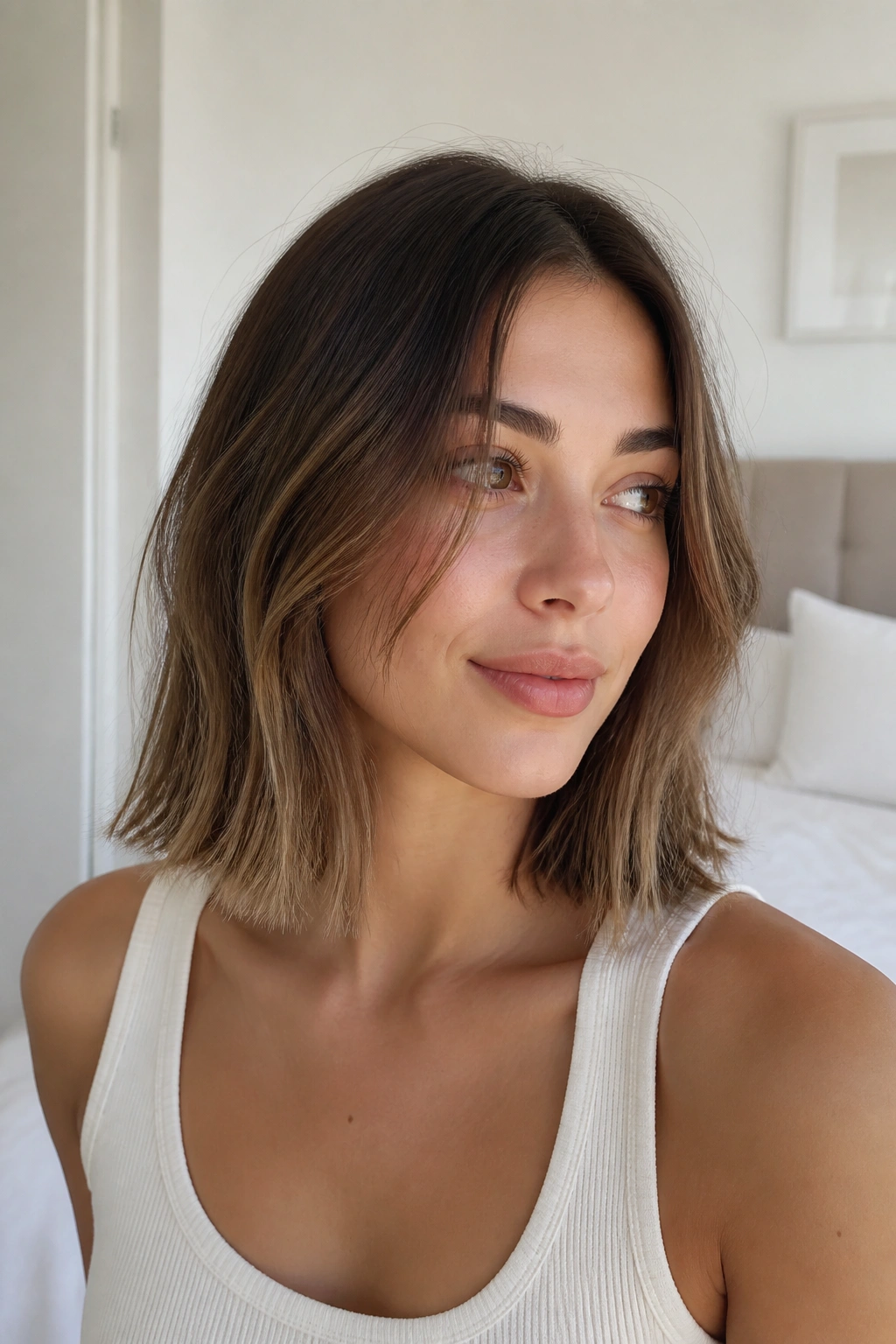 Close-up of a woman with collarbone-length lob resting on the collarbone