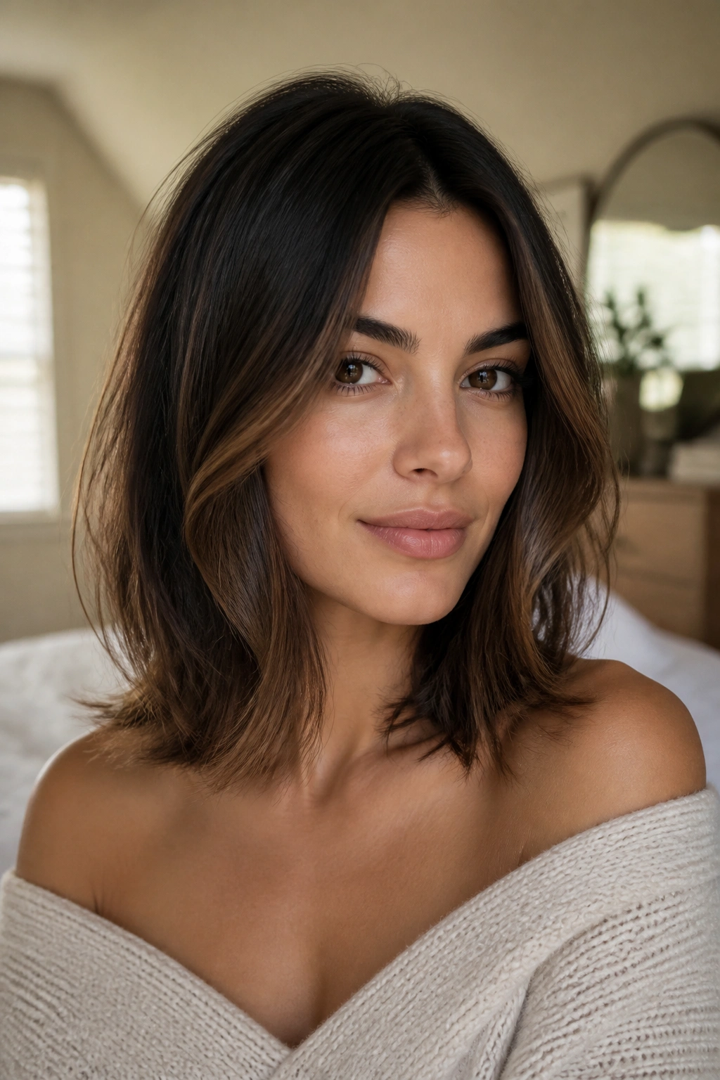 Real woman with collarbone-length layered lob in warm bedroom light