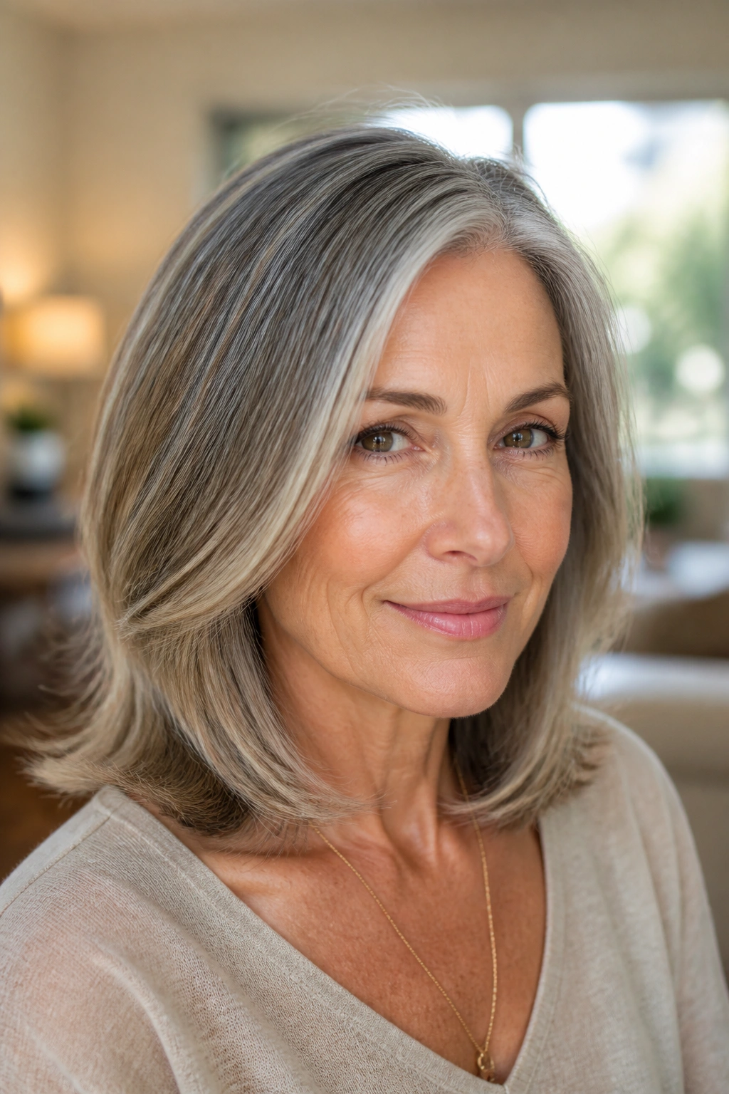 Close-up portrait of a real woman with a collarbone-length lob and flipped ends in warm natural light