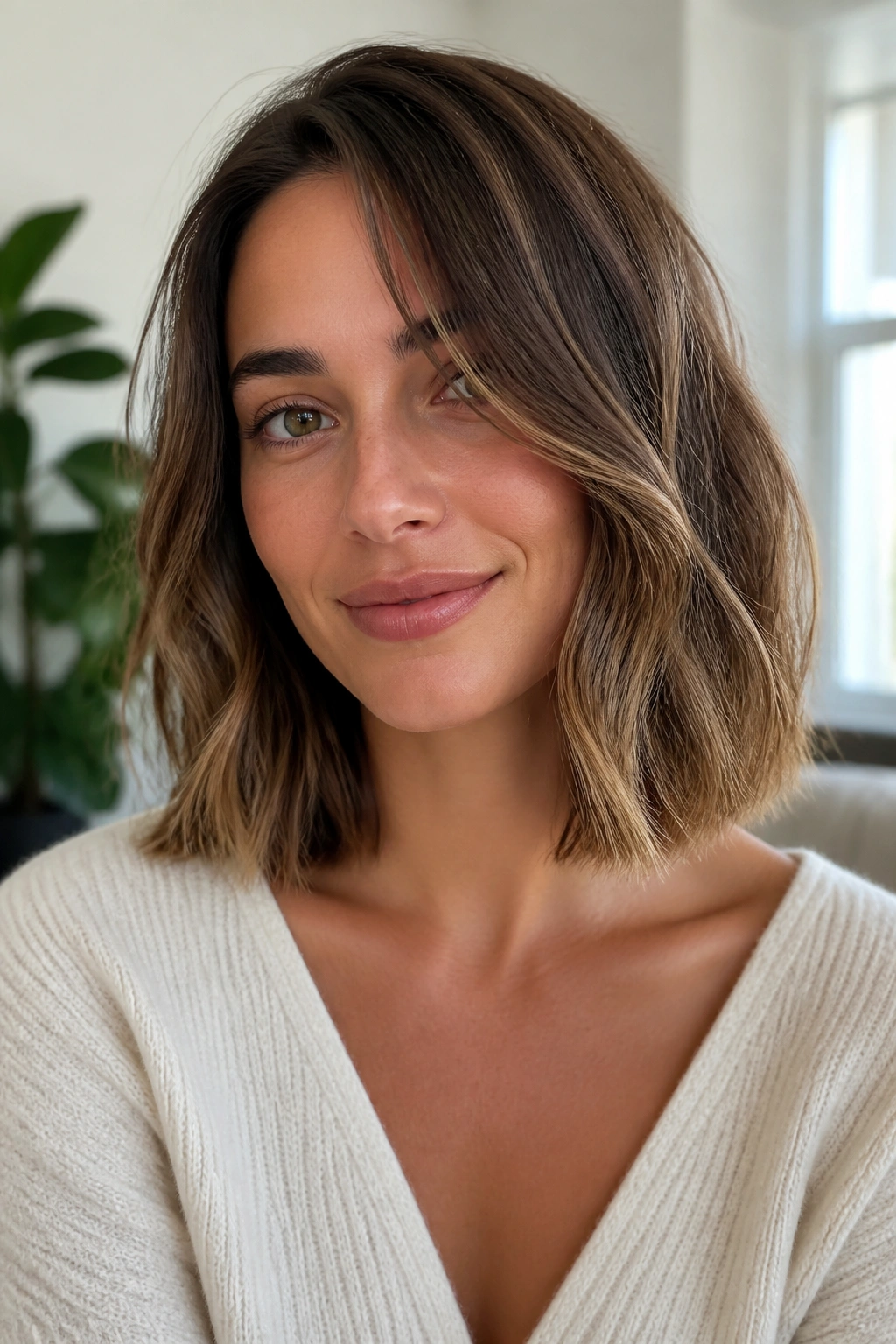 Medium close-up of collarbone-length lob on real woman