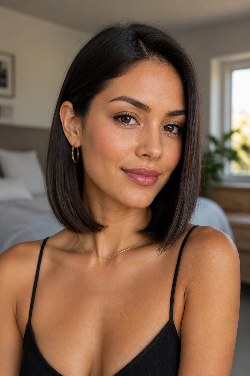 Close-up portrait of a real woman with a collarbone-length lob hairstyle