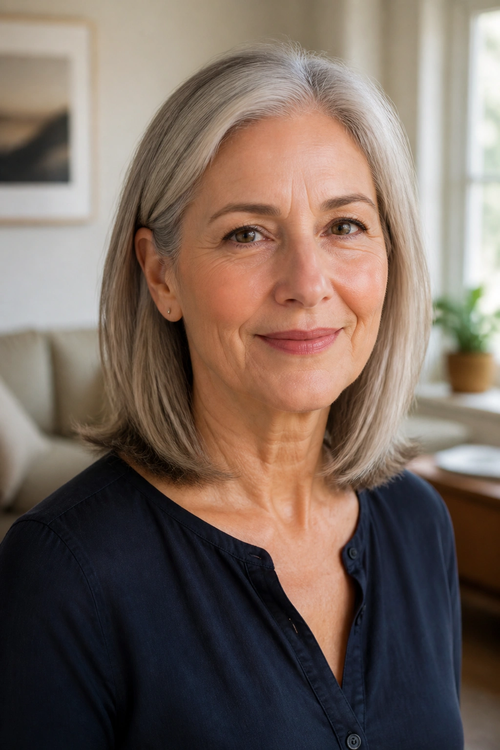 Close-up portrait of a real woman with a collarbone-length lob and hidden layers in silver-gray hair