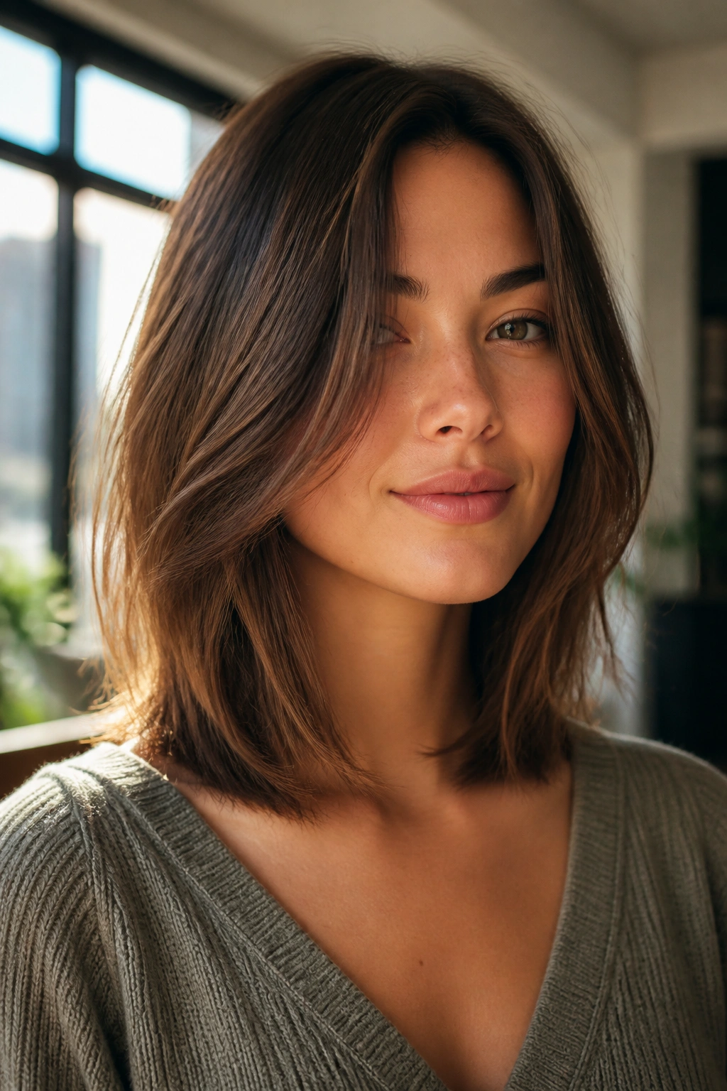 Close-up of collarbone-length lob with hidden internal layers on a real person