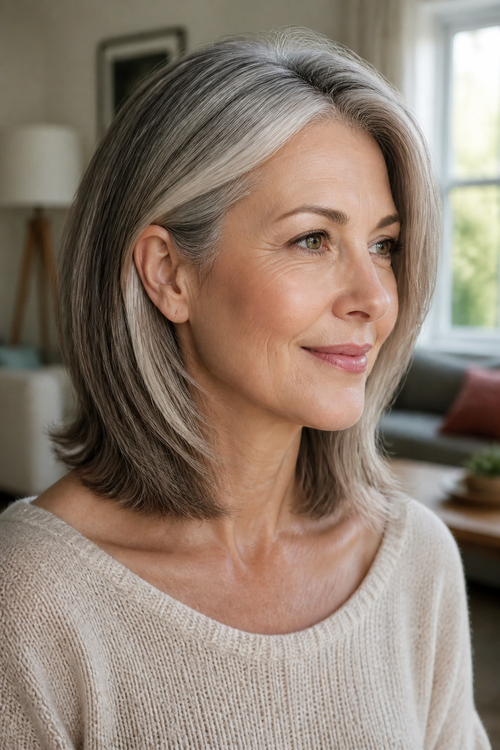 Close-up of a real woman with a collarbone-length lob and hidden layers, showing fullness around collarbone.