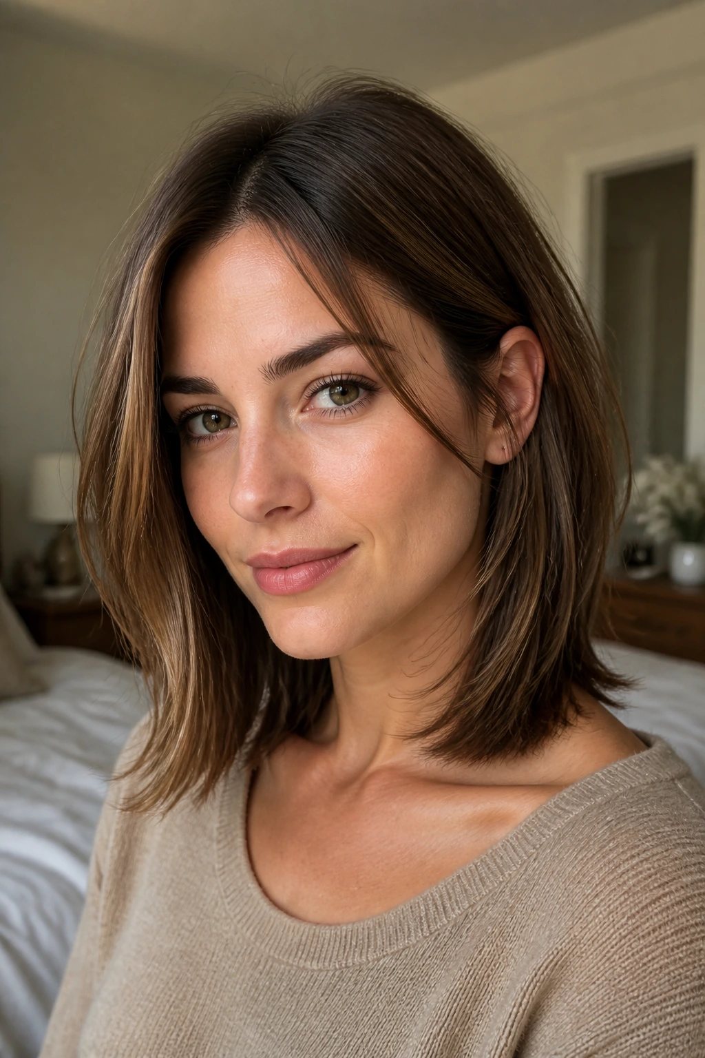 Close-up of collarbone-length lob with hidden interior layers on a real person, lift in fine hair
