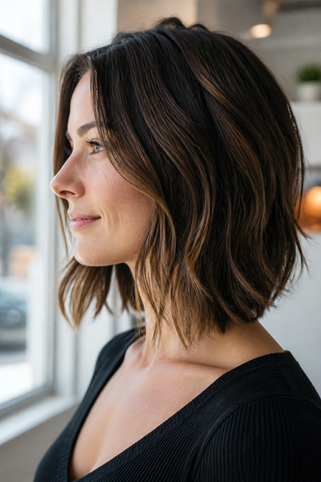 Profile view of collarbone-length lob with internal layers on a real woman