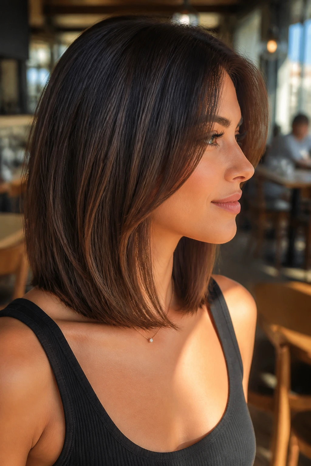 Profile view of real woman with collarbone-length lob and internal layers