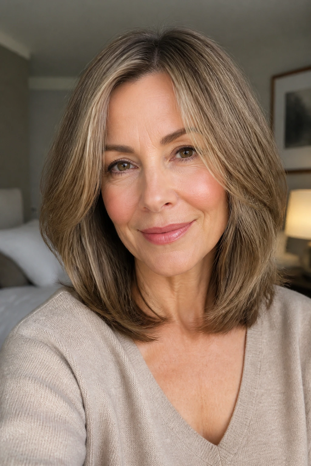Portrait of a woman with a collarbone-length lob and invisible layers.