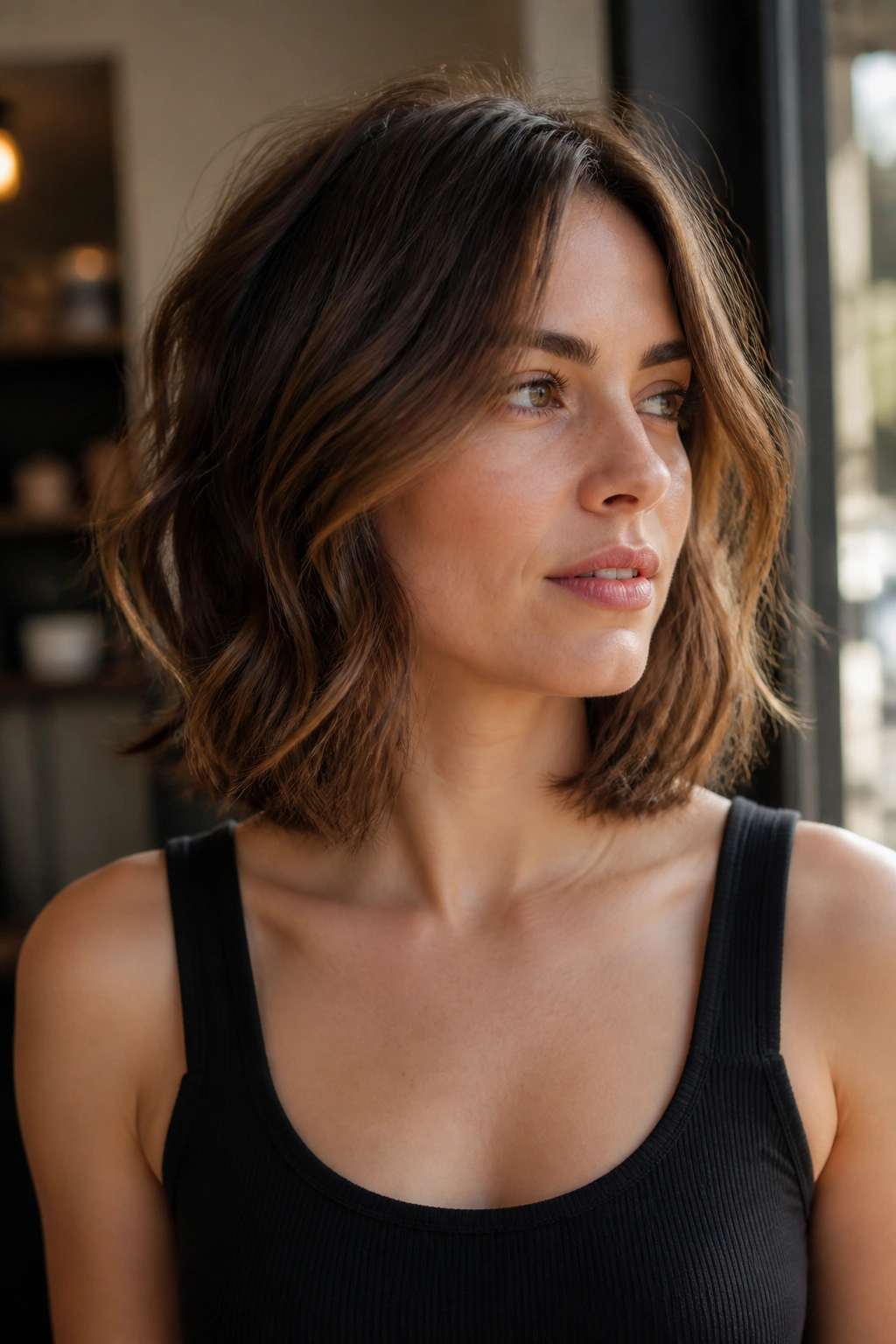 Medium close-up of collarbone-length lob with hidden layers on a real woman in cafe light.
