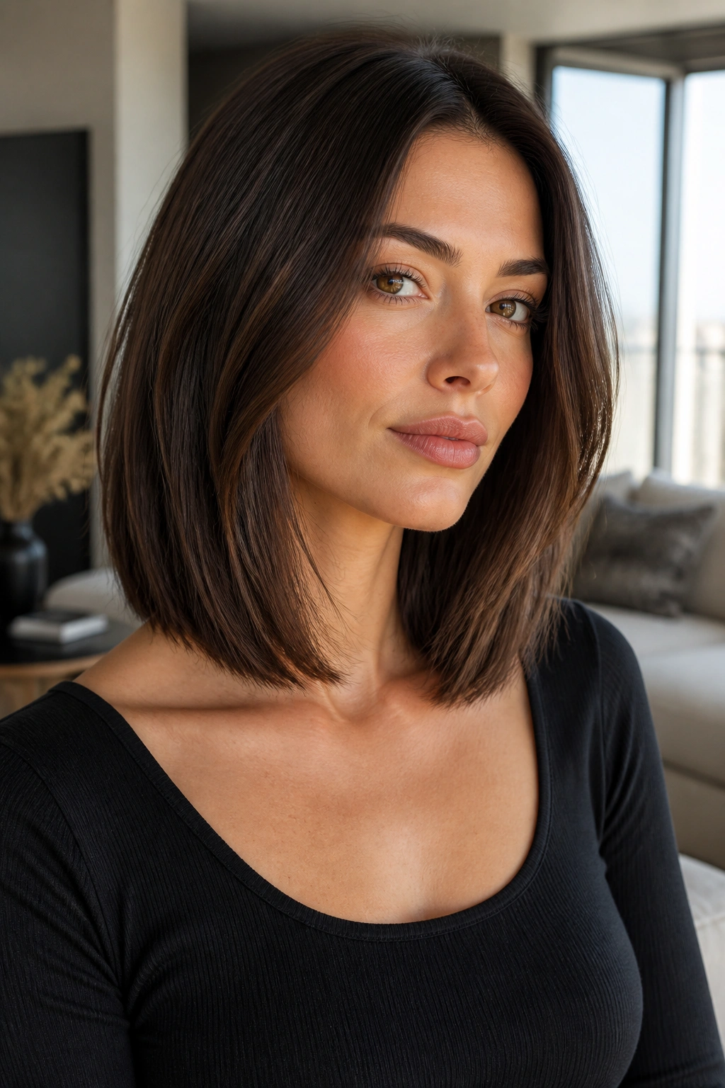 Close-up portrait of a real woman with collarbone lob invisible layers