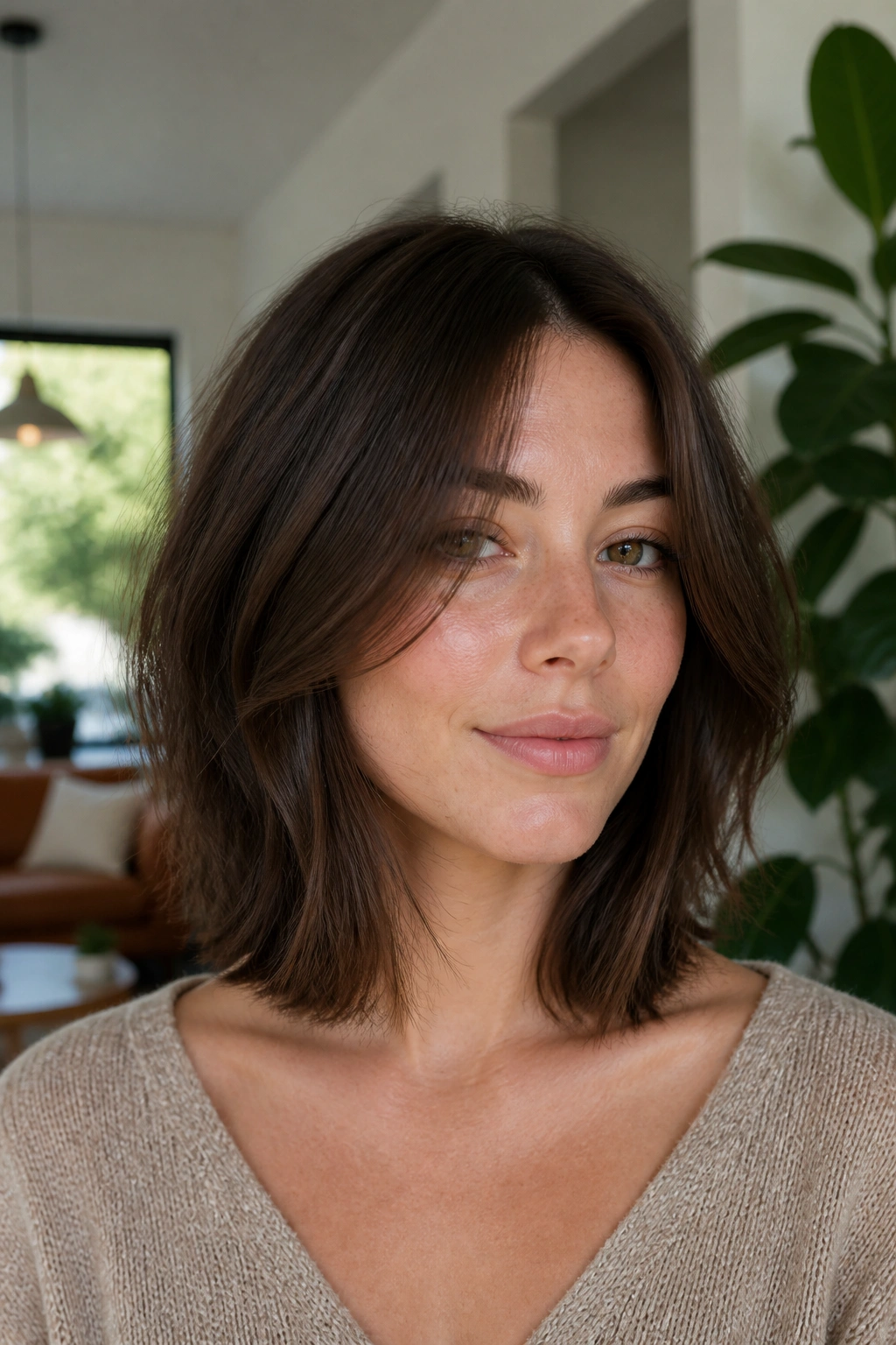Close-up of a real person with collarbone-length lob and invisible layers in soft daylight