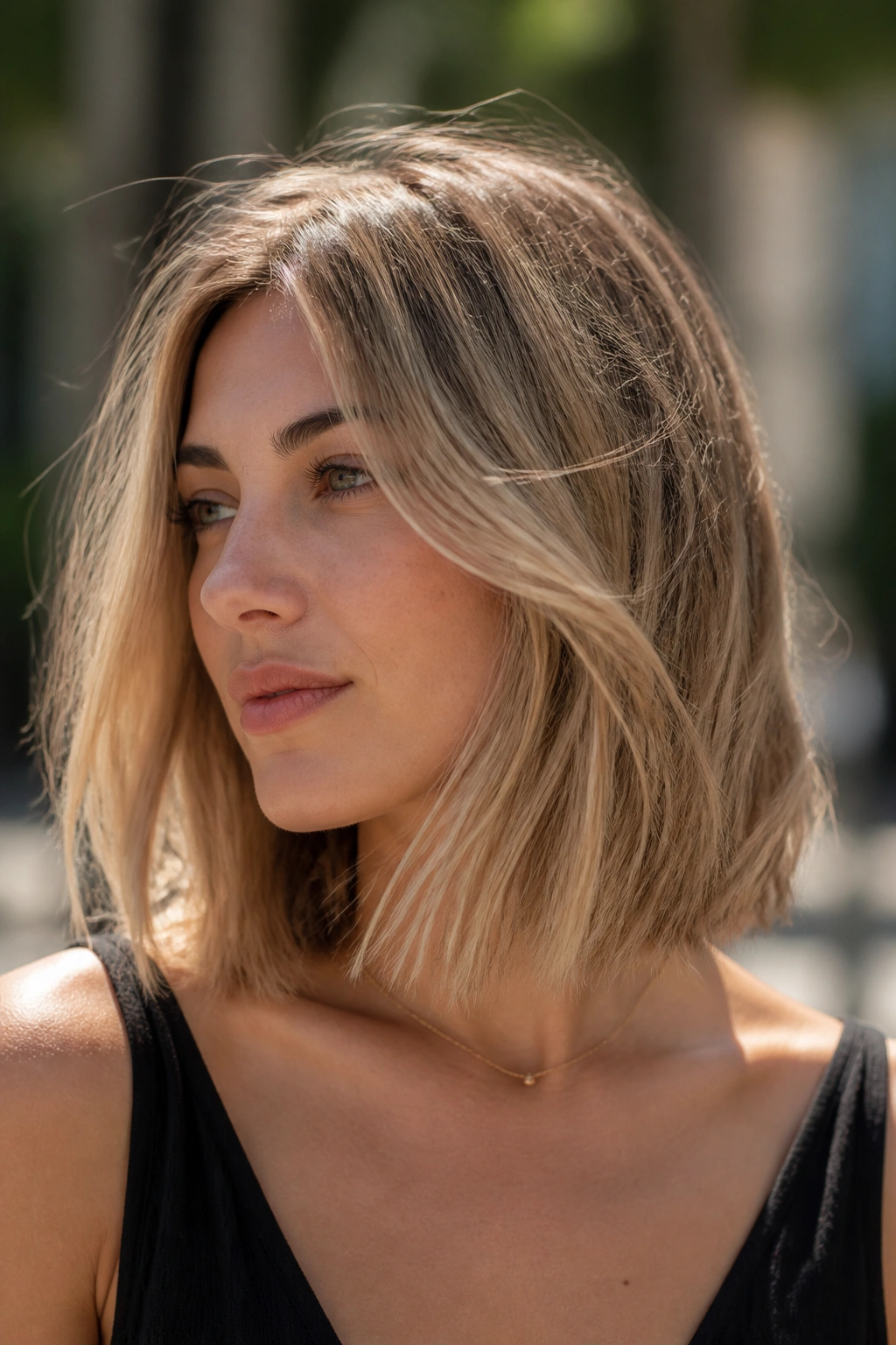 Close-up portrait of a real woman with collarbone-length Swedish lob and invisible layers