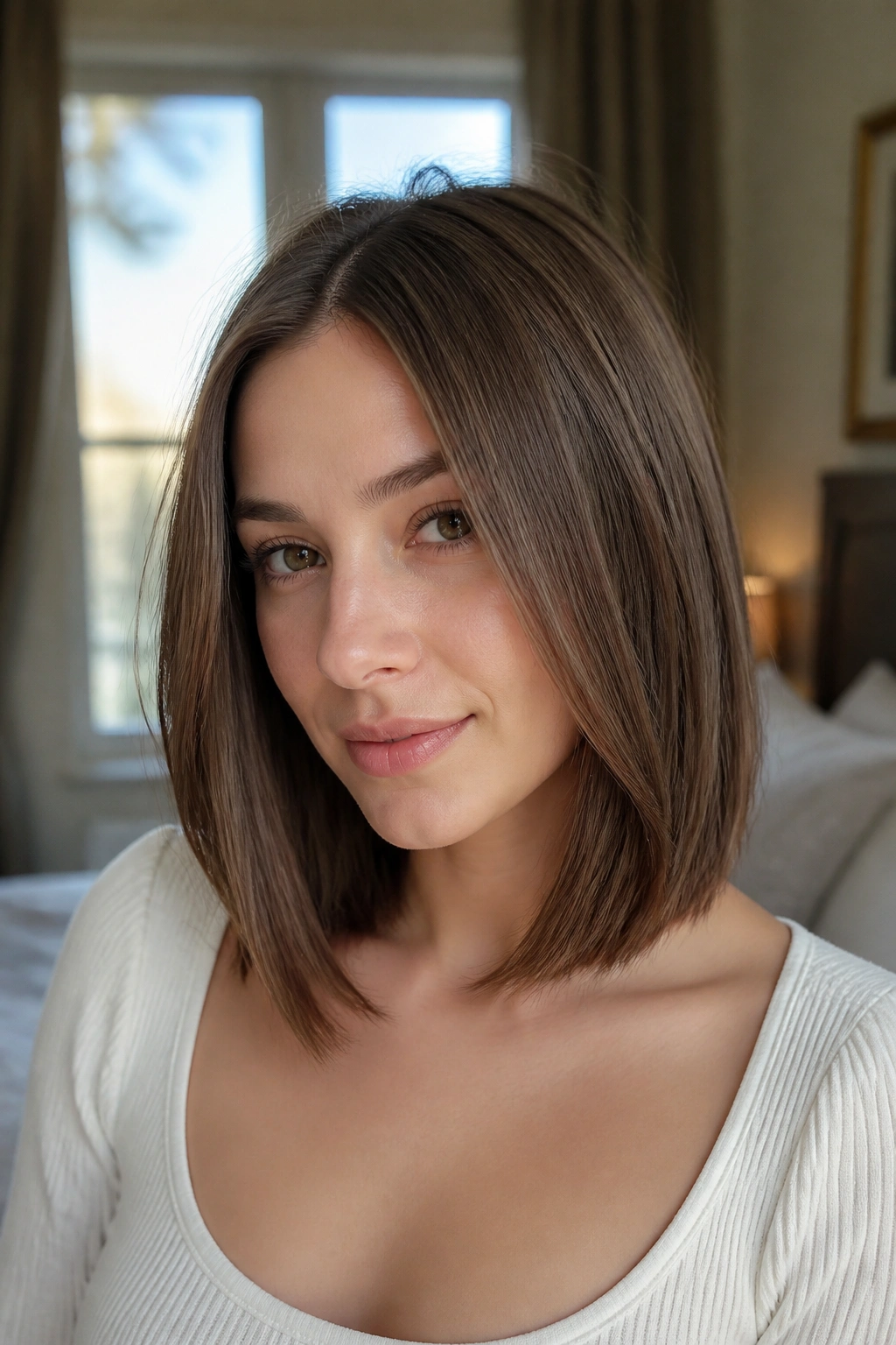 Close-up of a real woman's collarbone-length lob with invisible layers on flat hair, natural window light