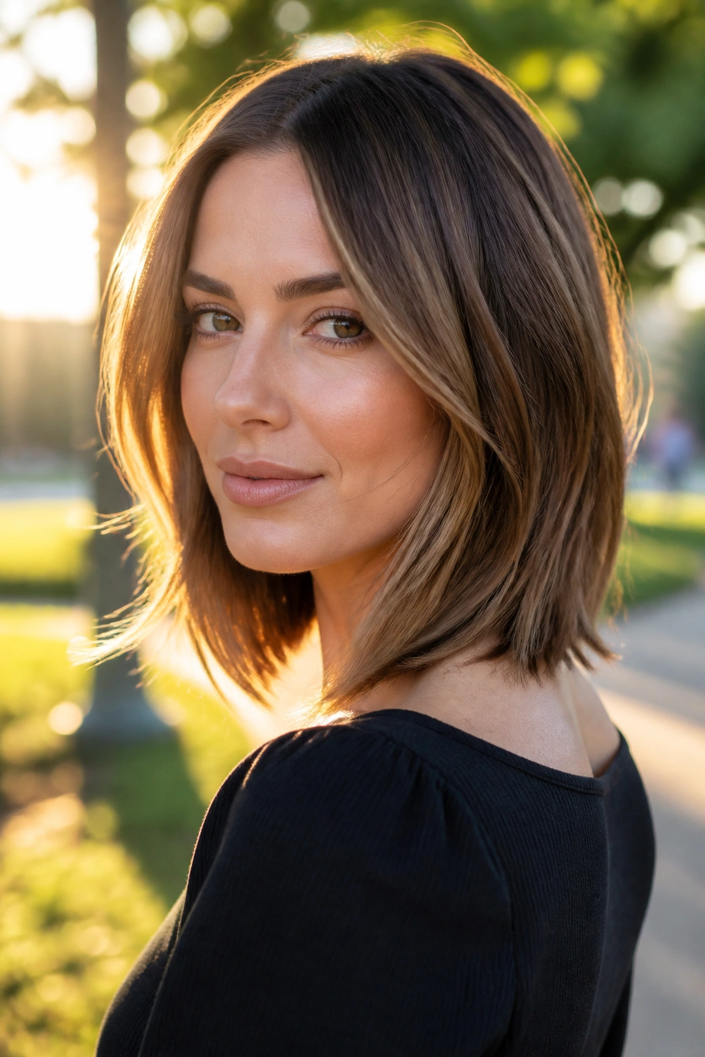 Close-up of woman with collarbone-length layered lob in golden-hour park light