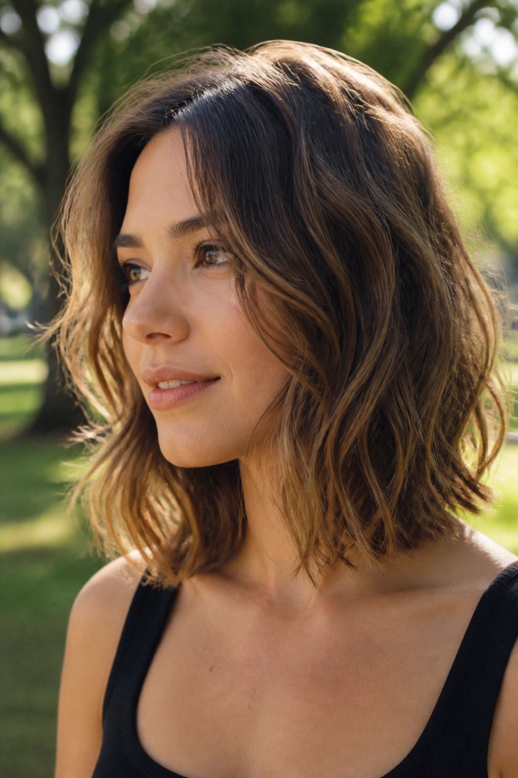 Real woman wearing collarbone lob with soft layers outdoors