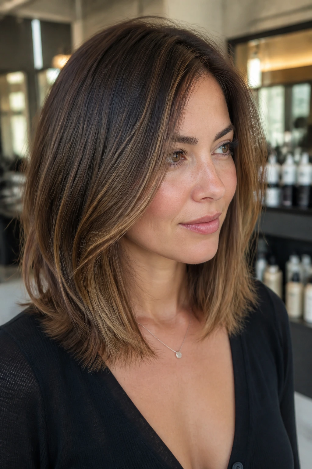 Close-up of a woman with a collarbone-length lob and subtle internal layers in a salon setting.