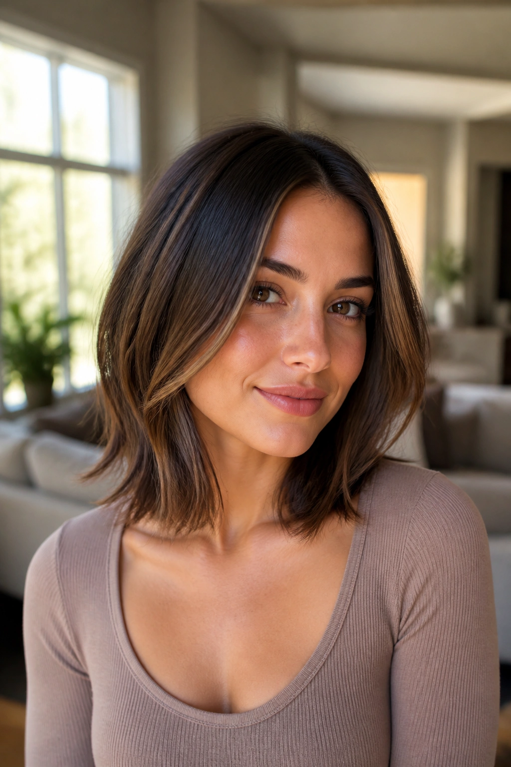 Real woman with collarbone-length lob and long front layers in sunlit room