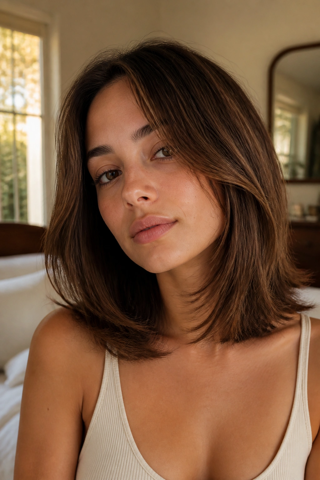Close-up of a real woman with a collarbone-length lob and long layered ends