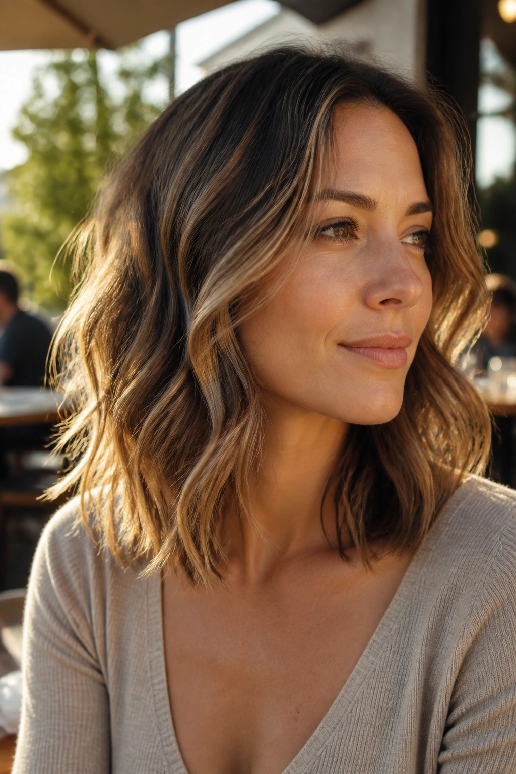 Portrait of a woman with collarbone-length lob and long layers.