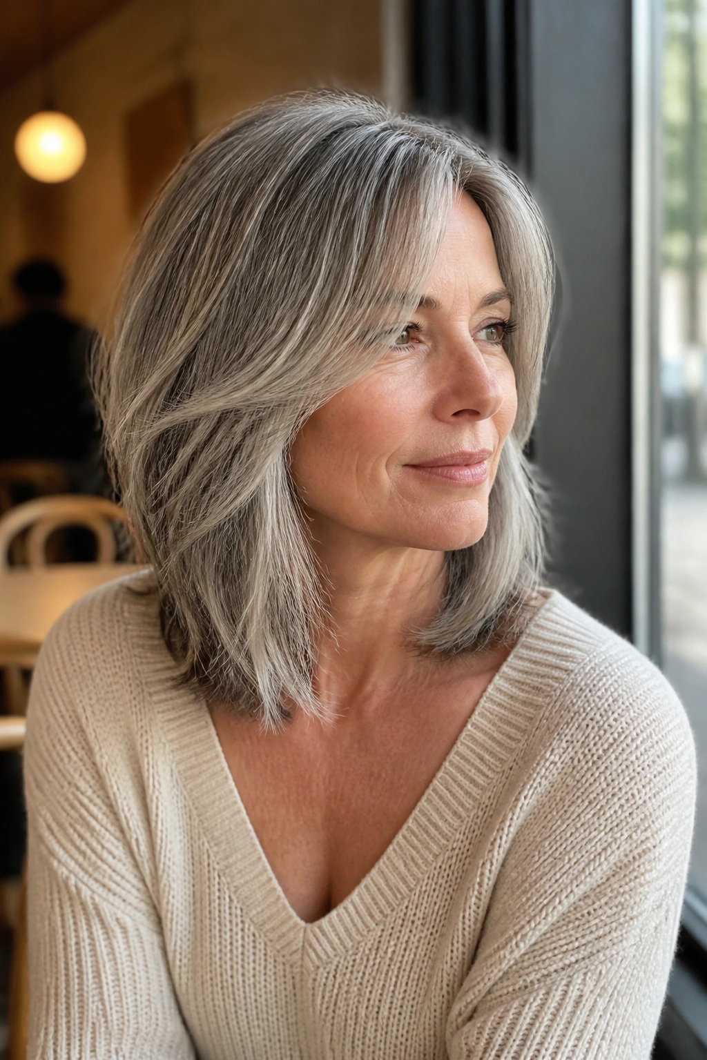 Medium close-up of a woman with a collarbone-length lob and long layers in gray hair