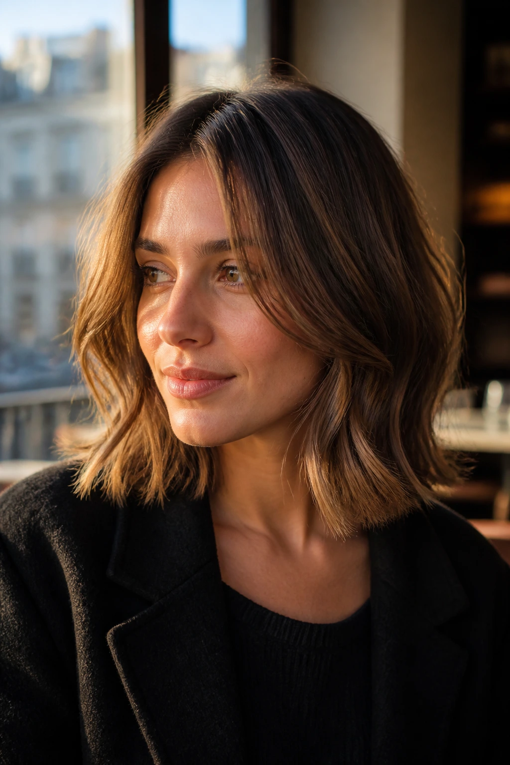 Portrait of a woman with a collarbone-length lob and loose bends at the ends in warm window light.