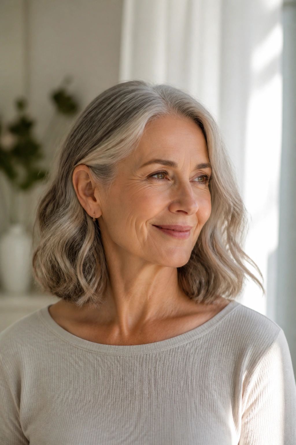Portrait of collarbone-length lob with loose waves in soft sunlight